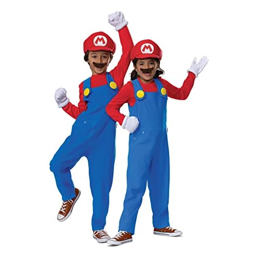 Disfraz de Mario para niños, disfraz oficial de Super Mario Bros y accesorios para niños, talla 4-6