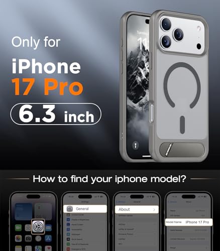 Image of Designed for iPhone 17 Pro Case, [Built-in Invisible Kickstand][Compatible with MagSafe][Military Grade Shockproof] Slim Translucent Matte Phone Case 6.3 inch (Gray)