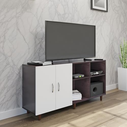 Image of VIKI Modern TV Unit for Living Room | Engineered Wood TV Cabinet with 2 Door Storage & 2 Open Shelves, Entertainment Unit, 140W x 74H x 40D cm | DIY | 1 Year Warranty (Wenge & White)