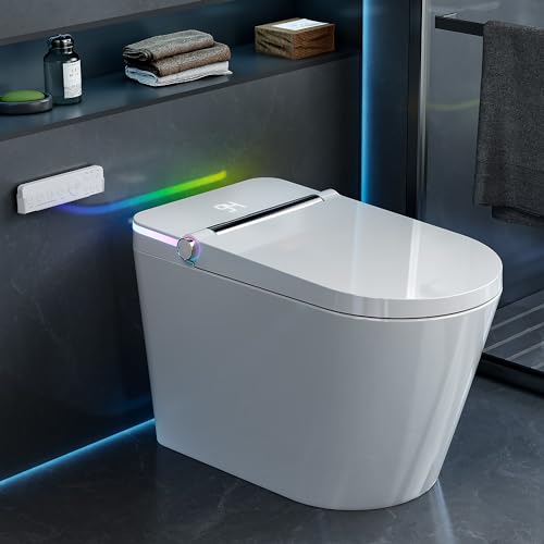 Tankless Smart Toilet with Built-In Bidet, Heated Seat, Warm Water and Dry, Simple Installation, with Foot Sensor and Night Light, Auto Flush, Auto Open & Close Lid, Wireless Remote Control