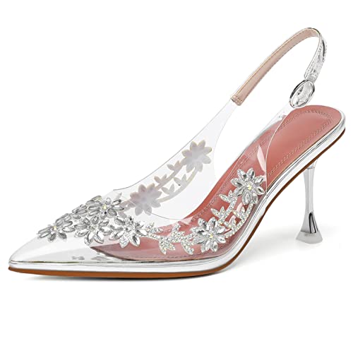 Image of AUMOTED Women's Clear Mule Sandals Pointed Toe Slingback Heels Rhinestone Heels Pumps Wedding Shoes