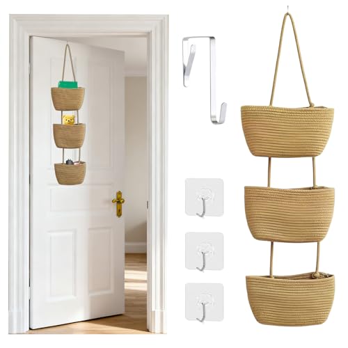 KEGOZ Wall Hanging Cotton Baskets, 3-Tier Woven Cotton Wall Basket,Woven Rope Over The Door Storage Wall Mount Hanging Cotton Baskets for Bedroom, Bathroom & Livingroom