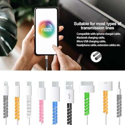 Image of ERZA 12 Pieces Charger Cable Saver, Silicone Highly Flexible Spiral Cable Wire Protector, Mouse Cable Protector, Suit for All Cellphone Data Lines, Computers End Cord Savers, Multicolor