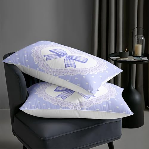 Image of AILONEN Violet Gingham Comforter Queen 3-Piece Kawaii Bowknot Bedding Luxury Lace Heart Patterned Quilt Dreamy Master Bedroom Decor Light Purple Breathable Blanket 2 Cases