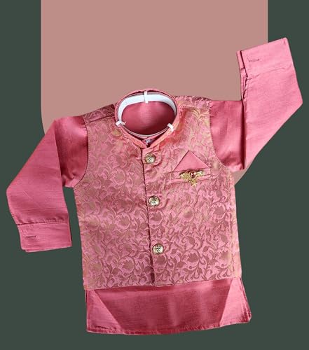 Image of Little Kids Ethnic Wear Kurta Pyjama and Waistcoat Set For Boys | Stylish Ethnic Wear | 3-piece set | Silk and Cotton Blend Fabric