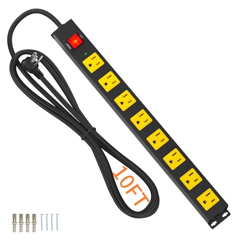8 Outlet Power Strip 2100J Surge Protector, 10FT Heavy Duty Extension Cord Wide Spaced Outlet and Wall Mount Metal Powerstrip for Home Office Garage Workshop