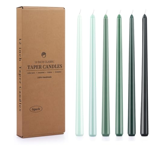 BEARAE Taper Candles, 12 Inch 6 Pack Candle Sticks Smokeless Dripless Unscented Candlesticks, Long Tapered Candles for Wedding Dinner Birthday Ritual Prayer Meditation, 8 Hours Long Burning, Green