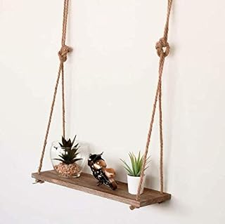 garden mile Rustic Wood Rope Hanging Wall Shelf Country Vintage Storage Floating Shelf 1, 2, 3 Tier Home Decor Hallway Bathroom Bedroom Kitchen Living Room Storage Shelving Hanging (1 Tier)