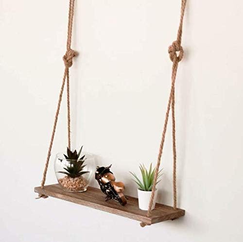 garden mile Rustic Wood Rope Hanging Wall Shelf Country Vintage Storage Floating Shelf 1, 2, 3 Tier Home Decor Hallway Bathroom Bedroom Kitchen Living Room Storage Shelving Hanging (1 Tier)