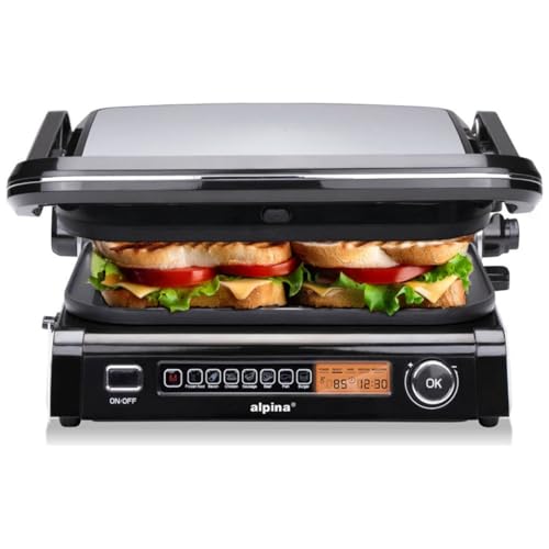 alpina Kontaktgrill - Optigrill 2100W - Sandwich Maker - Panini Grill - Multigrill für Gemüse, Brot und Fleisch - Tischgrill mit Antihaftbeschichtung - Intelligente Kochmodus - BPA-Frei - Schwarz