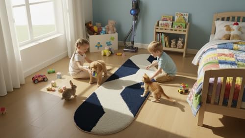 Image of Fluffy Silky Micro Fiber Polyster Carpet /Runner for Bedroom, Study Room, Playing Room, Guest Room ETC. 2x6 feet Feet, (Blue and Ivory Chevron Pattern)