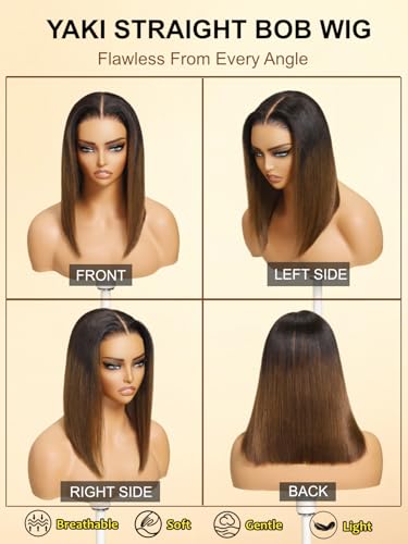Image of Sunber Chestnut Brown Ombre Yaki Straight Bob Drawstring Wig Human Hair No Slip Glueless 7x5 HD Lace Front Wig Pre Cut Pre Plucked Bleached Knots Ready to Wear Short Yaki Bob Wig 12 Inch