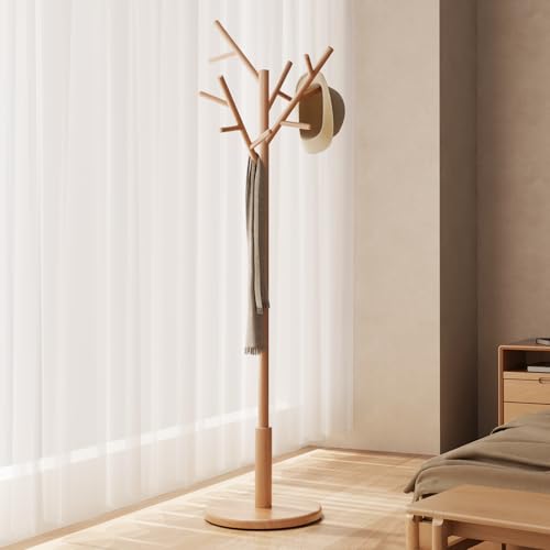 AQIMUELE Garderobenständer, Kleiderständer Massivholz, Jackenständer mit 12 Haken, für Flur, Schlafzimmer (Holzfarbe)