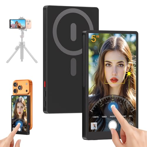 5 Touch Selfie Monitor Screen iPhone 17 Magnetic Back Camera Monitor Wireless Screen Mirroring Phone Vlog Selfie Screen iPhone Monitor with Headphone Jack 2600mAh Snaplylens for iPhone Android