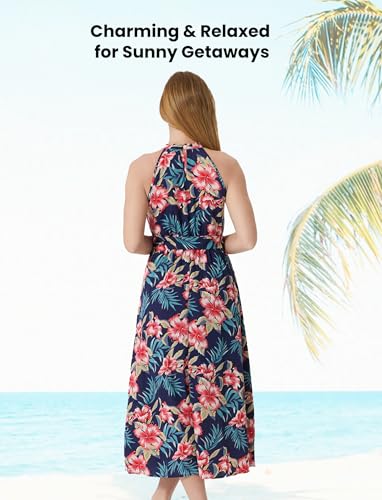 Image of PATPAT Family Hawaiian Matching Outfits - Mommy and Me Vacation Outfits | Halter Sundresses and Button Down Shirts,Caribbean Vacation Summer Tropical Outfits,Hawaiian Boho Tropical Floral Printed