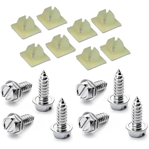 License Plate Screws Insert Kit - Set of 8 Chrome Screws with Set of 8 Nylon Retaining Nuts Cover