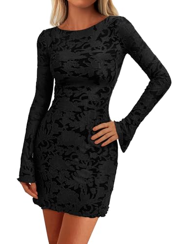 PRETTYGARDEN Women's 2025 Fall Fashion Floral Long Sleeve Mini Dress Mesh Bodycon Short Party Date Night Going Out Dresses (Floral Black,XX-Large)