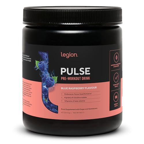Legion Pulse Pre Workout Supplement - All Natural Nitric Oxide Preworkout Drink to Boost Energy, Creatine Free, Naturally Sweetened, Beta Alanine, Citrulline, (Blue Raspberry)