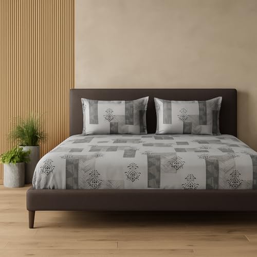 Image of 300 TC Cotton Feel Glace Cotton Fully Elastic Fitted Bedsheet Queen Size Double Bed with 2 Pillow Covers (60 inch x 78 inch inches, Silver Lattice)