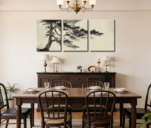 Image of Frimeeme Vintage Sketch Pine Tree Framed Canvas Wall Art Set of 3,12x16 In | Antique Wilderness Forest Wall Decor, Nature Botanical Landscape, Modern Landscape Prints for Living Room Bedroom