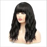 Black Wig with Bangs, Natural Looking Curly Wavy Wig for Women, Pastel Black Realistic Wigs for...