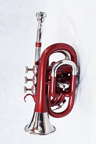 Oswal India Bb Pocket Trumpet Red Nickel Plated With Hard Case+Mouthpiece, Nickel, Red #TOP3