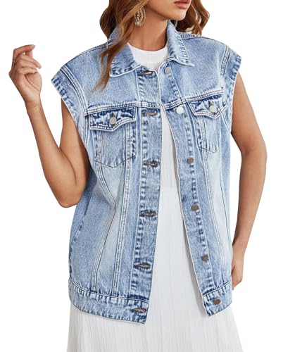 LifeShe Women Denim Vest Jacket Oversized Cap Sleeve Jean Jacket Waistcoat for Women Button Down Summer Top