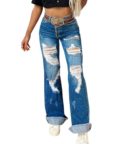 Women's 90S Vintage High Waisted Distressed Bootcut Jeans Stretchy Stylish Ripped Design