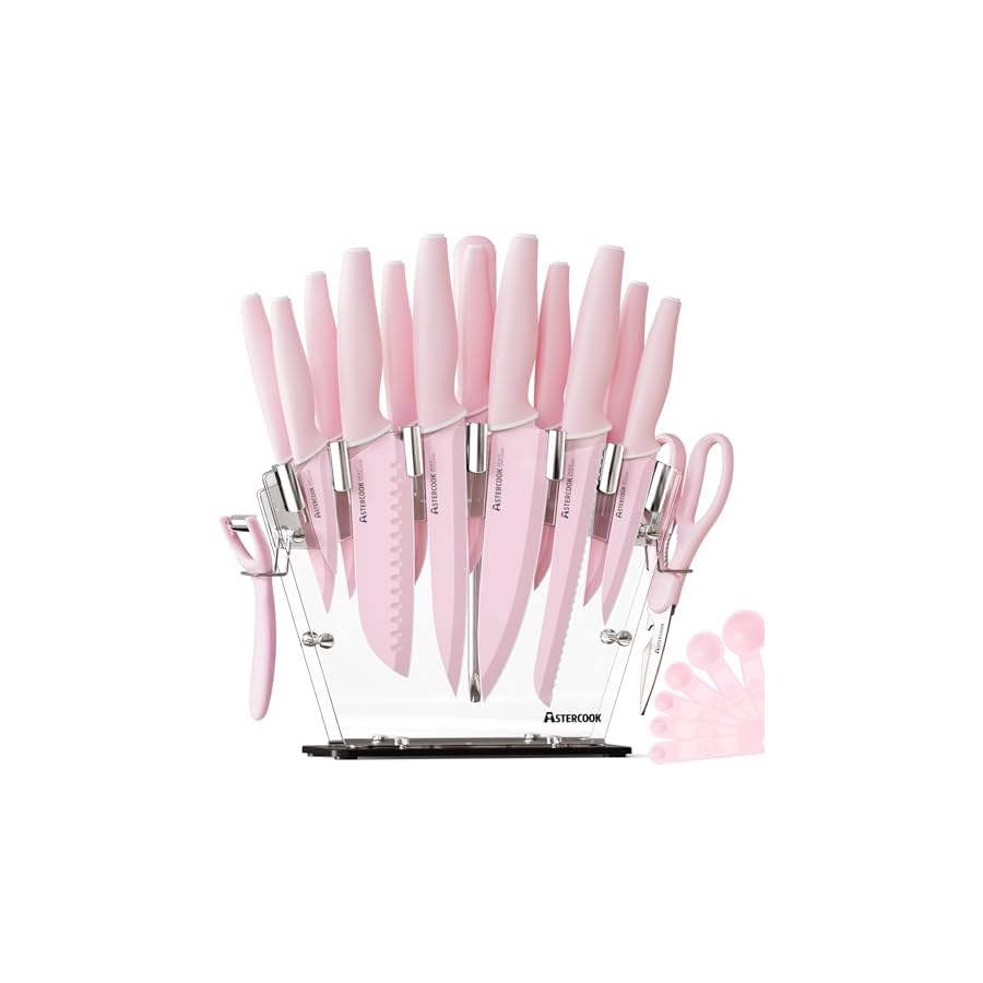 Astercook Kitchen Knife Set with Block and Sharpener 22 Piece German High Carbon Stainless Steel Knives Sharp Blade Dishwasher Safe Knife Set with Anti-slip Ergonomic Handle, Crystal Pink