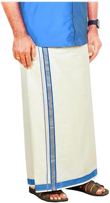 Men’s Traditional Cotton Dhoti with Blue Border | South Indian Style Mundu for Festivals & Weddings