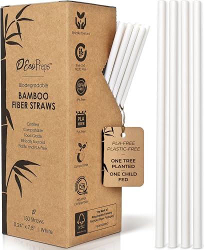 EcoPreps Biodegradable Bamboo Fiber Straws | 150 Count 100% Compostable Plastic-Free Eco-Friendly Drinking Straw | 7.8 Plant Fiber Disposable Straws White Straw | Durable for Warm & Cold Drinks