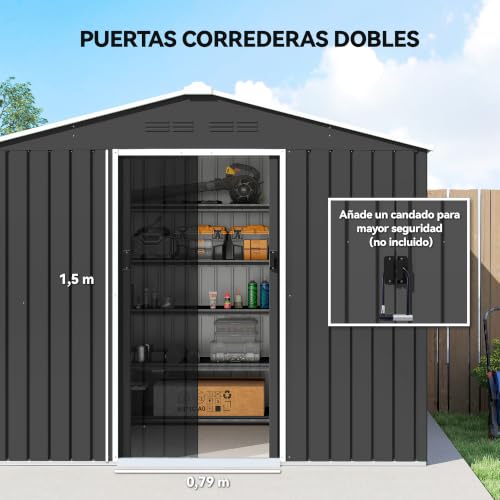 Miniatura 4 de Outsunny Caseta De Jardín Exterior 3,6 M , 236x171x191 Cm, Cobertizo De Jardín Exterior Metálico Con Puertas Correderas Y Ranuras De Ventilación, Para Almacenamiento De Herramientas, Gris Oscuro