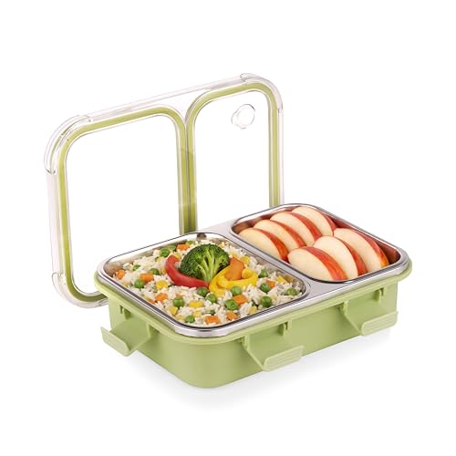 Image of ATTRO Duo Meal Stainless Steel Lunch Box with 2 Partition, Microwave Safe, Airtight Leakproof Silicone Seal Lid, BPA-Free Food Grade Tiffin Box for Office School Kids - 650ml - Green