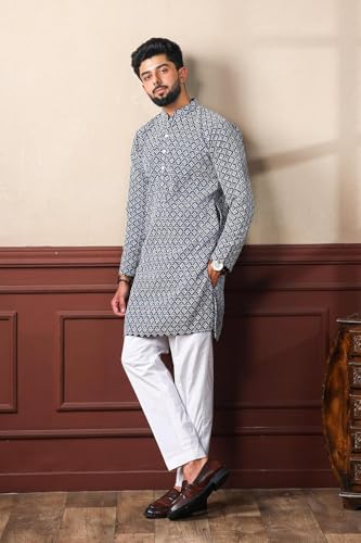 Image of LookMark Men's Printed Silk Blend Kurta with Mandarin Collar, Full Sleeves, Straight Fit Traditional Ethnic Wear