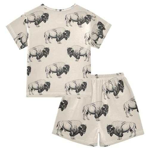Pajama Short Sets Bison Pattern Print on Cream Soft Cotton Summer Sleepwear 2 Piece PJS Size 5-14T2