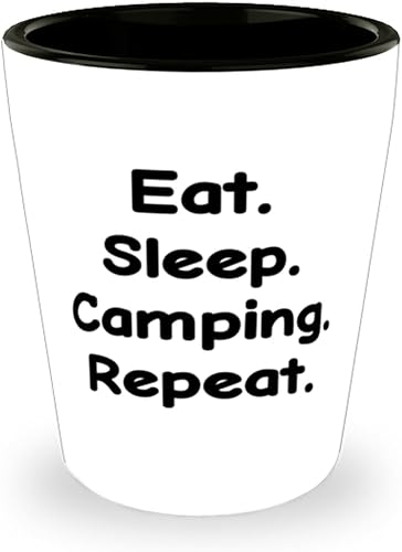 Regalos de camping para hombres y mujeres, comer. dormir. Camping. Repetición, divertido vaso de chupito de camping, taza de cerámica de amigos,