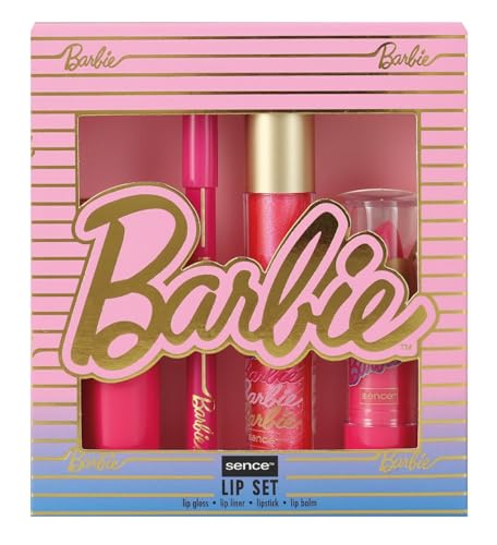 Barbie - Set de regalo para el cuidado de los labios, 4 piezas, caja de belleza vegana, pintalabios, brillo de labios, lápiz labial, cosmético, maquillaje, cuidado facial también para niños a partir