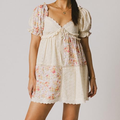 Image of Women Y2k Puff Sleeve Babydoll Dresses Square Neck Tie Back Mini Dress Summer Solid Off Shoulder Flowy Sundress