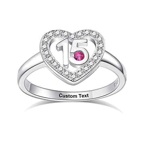 Birthstones Daughter Jewelry Customized Silver Gifts Hollow Out Quinceanera Rings Open Heart Ring Cubic Zirconia Stone Gift