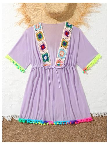 Image of Milumia Girl's Embroidered Tie Knot Cover Up Sheer Pompom Bikini Coverups Beachwear Dusty Purple 11 Years