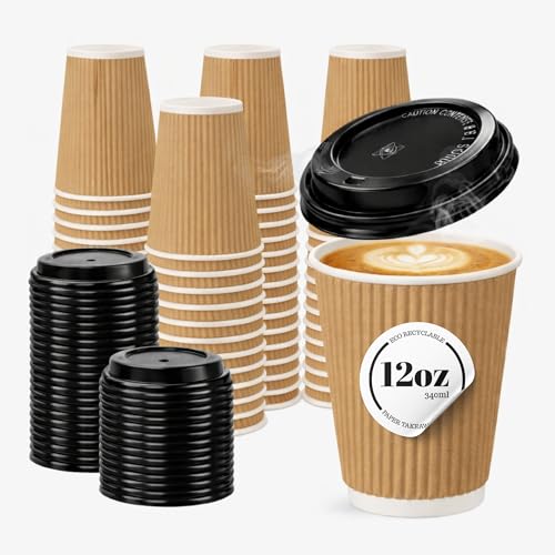 CaterCo 12oz Kraft Ripple Wall Coffee Cups & Lids - 200 Pack Triple Insulated Cups & Lids for Hot Drinks Tea Recyclable Brown Paper Cups Cafes Takeaway Events - 12oz / 340ml - 200 Pack with Lids