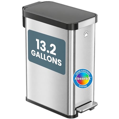 Image of iTouchless 13.2 Gallon / 50 Liter Dog Poop Trash Can with Lid & AbsorbX Odor Filter, Slim Stainless Steel Pet Waste Bin, Soft-Close Step Pedal, Large Capacity Recycle Bin