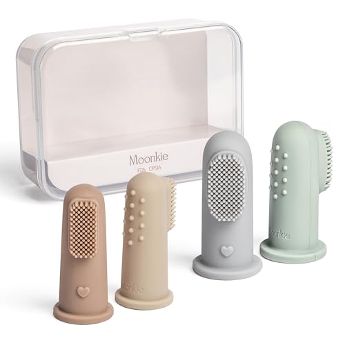 Image of Moonkie Baby Toothbrush Finger Toothbrush Oral Cleaner Kit for 3 Months +, 4 Pcs Small (Sand/Warm Taupe)/Large (Blue/Mint)