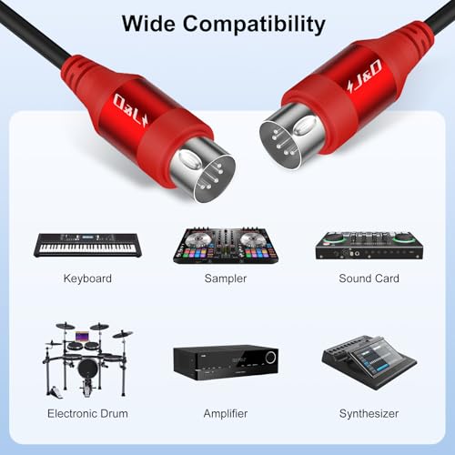 J&D 5-Pin DIN MIDI Câble, Câbles mâle à mâle Compatible avec le clavier, Synthétiseur, Guitar Multi Effets, Interface Audio/Mixeur/Amplificateur, Carte Son Externe (Rouge, 6 Pieds/1,8 m)