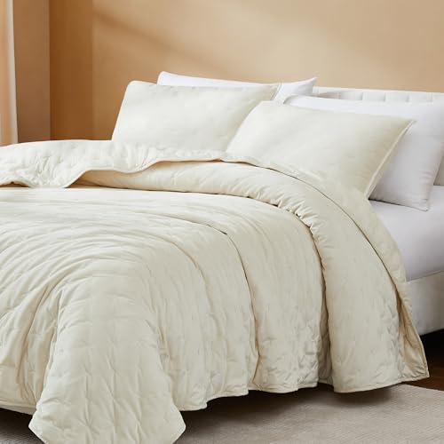 Image of Lush Decor - Quilt Set, 3-Piece Cozy Velvet Bedding with Matching Shams, Embroidered Stitch Design (Haven Cream, Full /Queen)