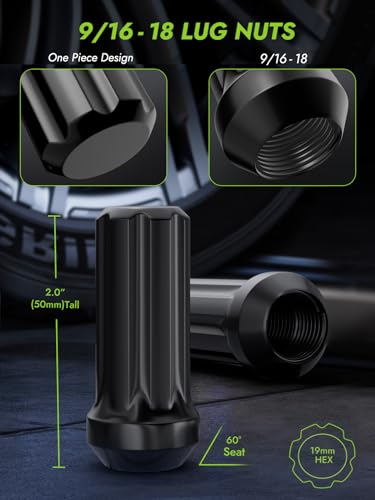 Image of AUTOPTIM 9 /16-18 Spline Lug Nuts - 32 Pcs Black with Socket for Dodge Ram | Replacement for 2002-2010 Dodge Ram 1500, 1994-2011 Ram 2500 /3500 Aftermarket Closed End Nuts, 3 /4 inch(19mm) Hex, 2 inch(50mm) Tall
