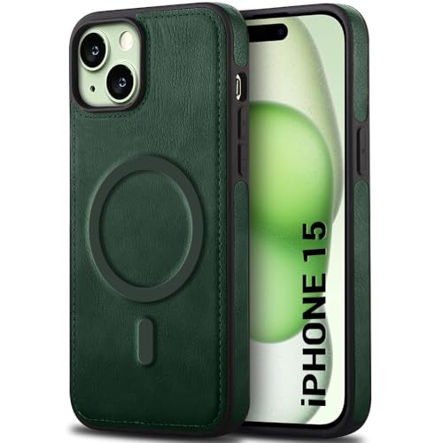 Image of TheGiftKart Genuine Leather Finish Back Cover Case for iPhone 15 | Shockproof Design | Raised Edges for Camera & Screen Protection | Stunning Minimalist Design Case Cover (MagSafe Compatible, Green)