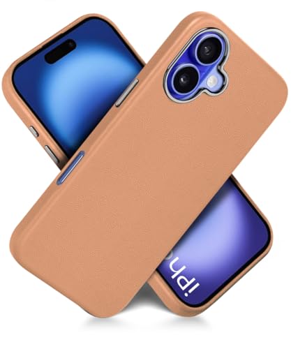 Image of WOW IMAGINE Back Cover for iPhone 16 | Shockproof Tough Leather Texture Hard Mobile Case | Ultra Slim Non-Slip Grip | Inner Velvet Fabric | Metal Camera Ring - Tan Brown