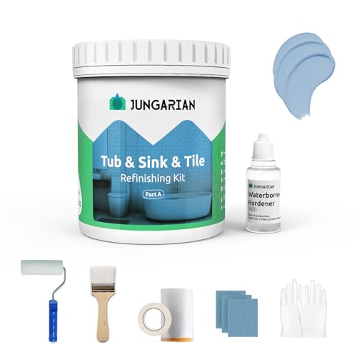 Jungarian Tub and Tile Refinishing Kit 35oz with Tools, Low Odor DIY Bathroom Paint Sink Tub Countertop Tile Shower Paint for Bathroom Kitchen Porcelain Fiberglass, Semi-Gloss Sky Blue