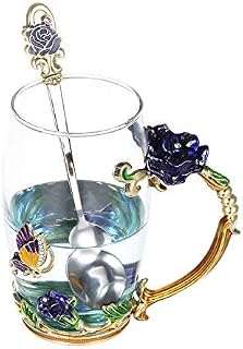 Decdeal Enamel Glass Mug, Flower Tea Cup Lead-Free Coffee Mug with Spoon&Cleaning Cloth&Gift Box,Gifts for Mum,Wife,Girl,Teacher on Birthday,Valentine's Day,Mother's Day,Wedding Anniversary,Christmas